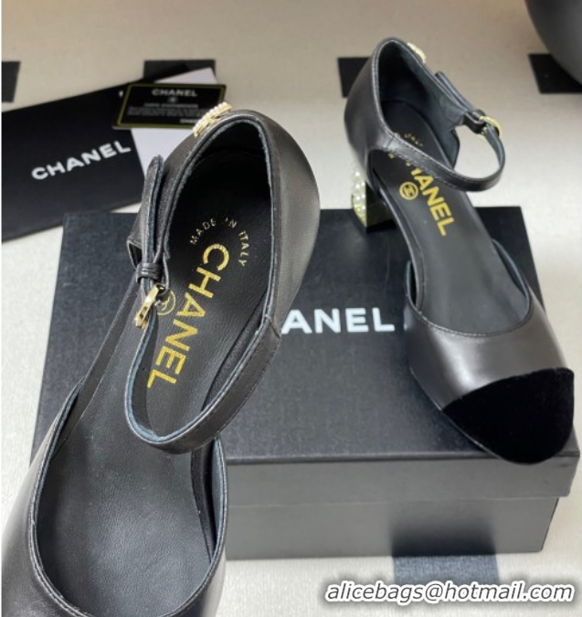 Hot Style Chanel Lambskin & Velvet Mary Janes Pumps 6cm with Pearls Black 0901057