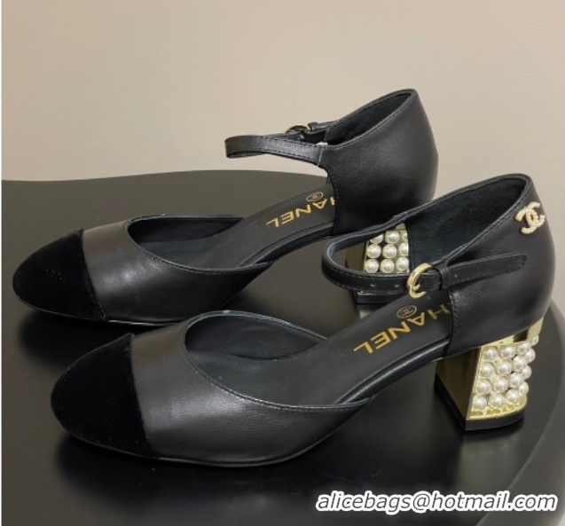 Hot Style Chanel Lambskin & Velvet Mary Janes Pumps 6cm with Pearls Black 0901057
