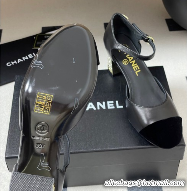 Hot Style Chanel Lambskin & Velvet Mary Janes Pumps 6cm with Pearls Black 0901057