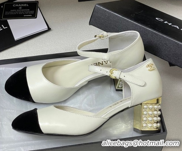 Charming Chanel Lambskin & Velvet Mary Janes Pumps 6cm with Pearls White 2025 CH090104 0901058