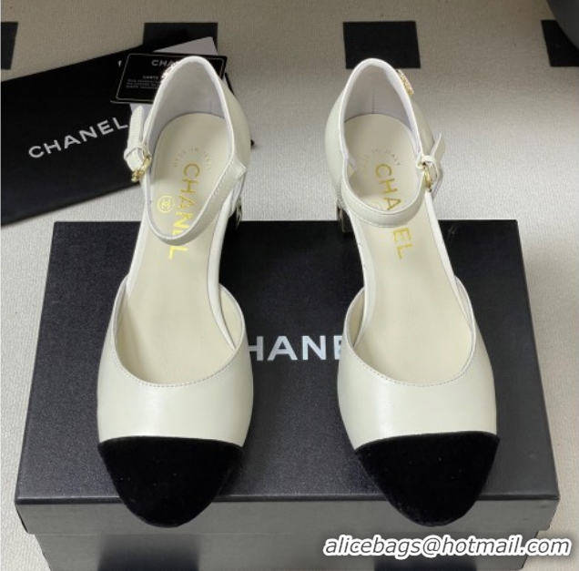 Charming Chanel Lambskin & Velvet Mary Janes Pumps 6cm with Pearls White 2025 CH090104 0901058