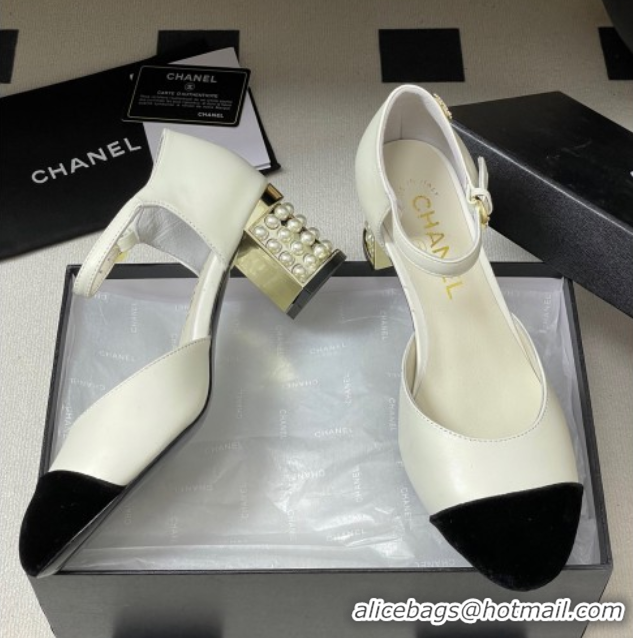 Charming Chanel Lambskin & Velvet Mary Janes Pumps 6cm with Pearls White 2025 CH090104 0901058
