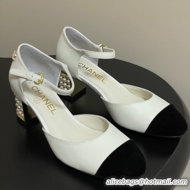 Charming Chanel Lambskin & Velvet Mary Janes Pumps 6cm with Pearls White 2025 CH090104 0901058