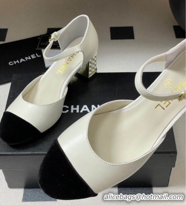 Charming Chanel Lambskin & Velvet Mary Janes Pumps 6cm with Pearls White 2025 CH090104 0901058
