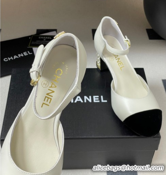Charming Chanel Lambskin & Velvet Mary Janes Pumps 6cm with Pearls White 2025 CH090104 0901058