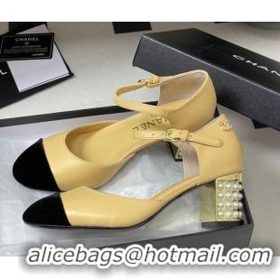 Good Product Chanel Lambskin & Velvet Mary Janes Pumps 6cm with Pearls Beige Yellow 2025 CH090104 0901059