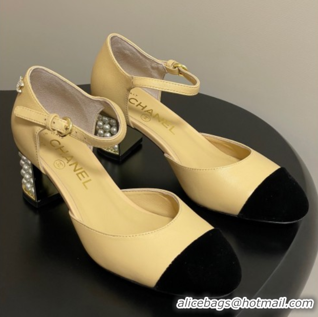 Good Product Chanel Lambskin & Velvet Mary Janes Pumps 6cm with Pearls Beige Yellow 2025 CH090104 0901059