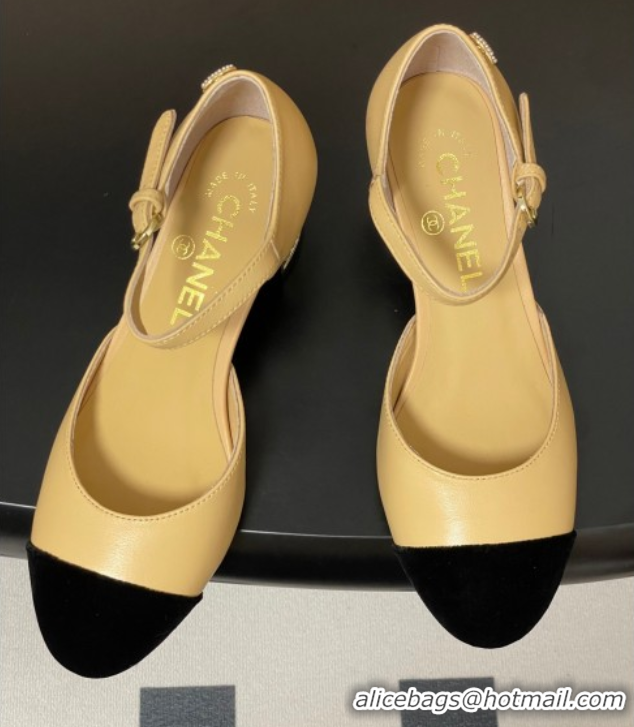 Good Product Chanel Lambskin & Velvet Mary Janes Pumps 6cm with Pearls Beige Yellow 2025 CH090104 0901059