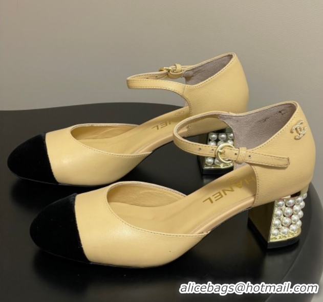 Good Product Chanel Lambskin & Velvet Mary Janes Pumps 6cm with Pearls Beige Yellow 2025 CH090104 0901059