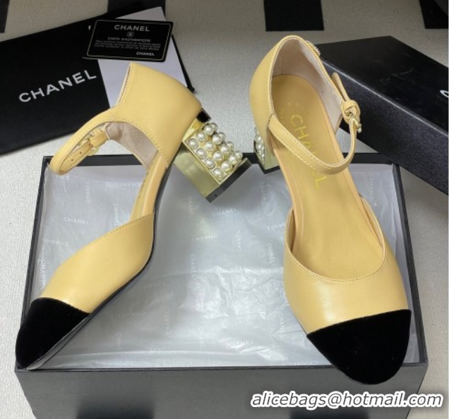 Good Product Chanel Lambskin & Velvet Mary Janes Pumps 6cm with Pearls Beige Yellow 2025 CH090104 0901059