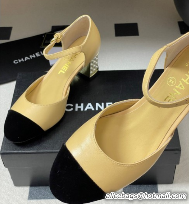 Good Product Chanel Lambskin & Velvet Mary Janes Pumps 6cm with Pearls Beige Yellow 2025 CH090104 0901059