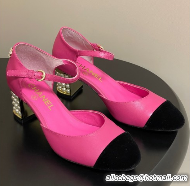 Classic Hot Chanel Lambskin & Velvet Mary Janes Pumps 6cm with Pearls Pink 2025 CH090104 0901060