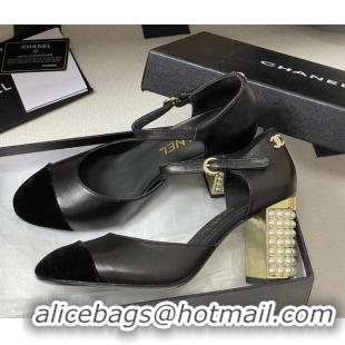Discount Fashion Chanel Lambskin & Velvet Mary Janes Pumps 8cm with Pearls Black 2025 CH090104 0901061