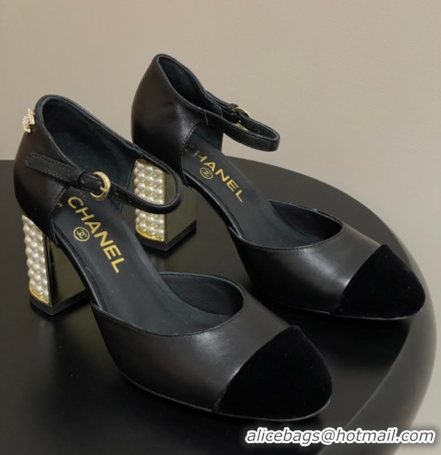 Discount Fashion Chanel Lambskin & Velvet Mary Janes Pumps 8cm with Pearls Black 2025 CH090104 0901061