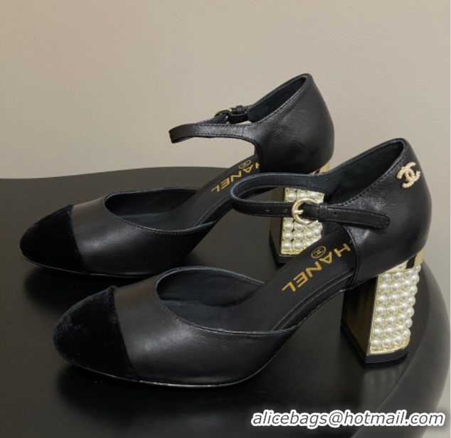 Discount Fashion Chanel Lambskin & Velvet Mary Janes Pumps 8cm with Pearls Black 2025 CH090104 0901061