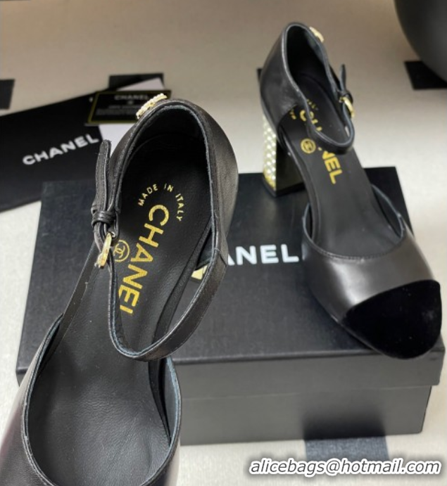 Discount Fashion Chanel Lambskin & Velvet Mary Janes Pumps 8cm with Pearls Black 2025 CH090104 0901061