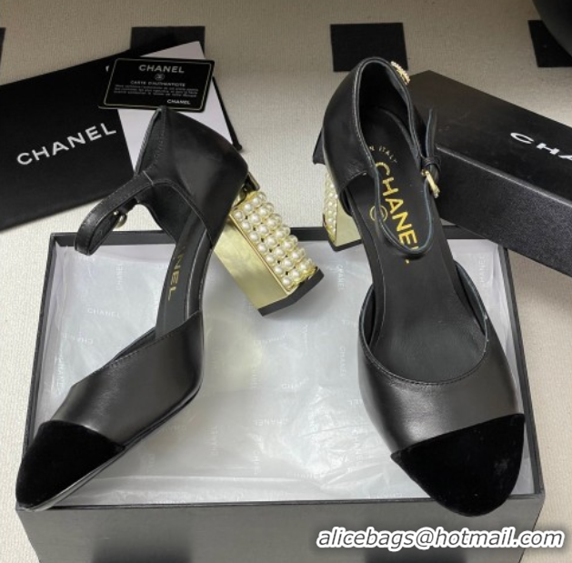 Discount Fashion Chanel Lambskin & Velvet Mary Janes Pumps 8cm with Pearls Black 2025 CH090104 0901061