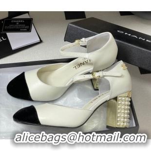 Grade Quality Chanel Lambskin & Velvet Mary Janes Pumps 8cm with Pearls White 2025 CH090104 0901062