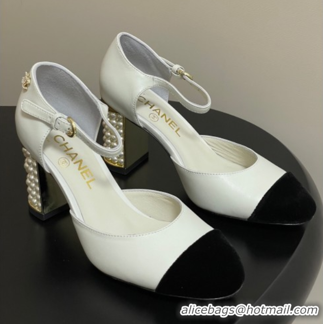 Grade Quality Chanel Lambskin & Velvet Mary Janes Pumps 8cm with Pearls White 2025 CH090104 0901062