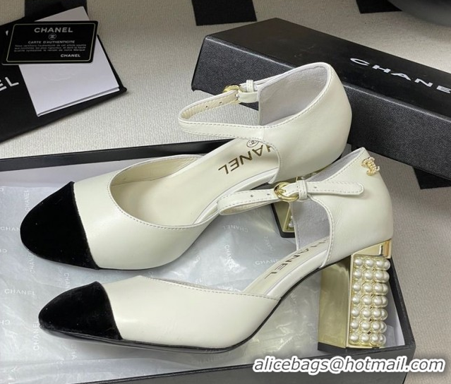 Grade Quality Chanel Lambskin & Velvet Mary Janes Pumps 8cm with Pearls White 2025 CH090104 0901062