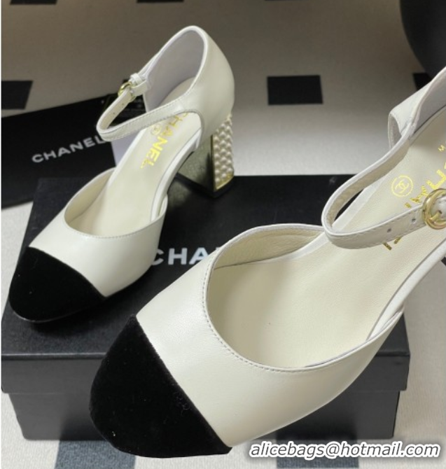 Grade Quality Chanel Lambskin & Velvet Mary Janes Pumps 8cm with Pearls White 2025 CH090104 0901062