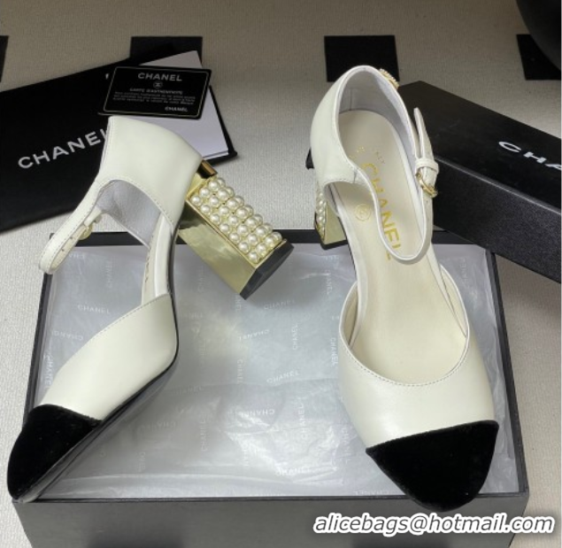 Grade Quality Chanel Lambskin & Velvet Mary Janes Pumps 8cm with Pearls White 2025 CH090104 0901062