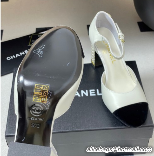 Grade Quality Chanel Lambskin & Velvet Mary Janes Pumps 8cm with Pearls White 2025 CH090104 0901062