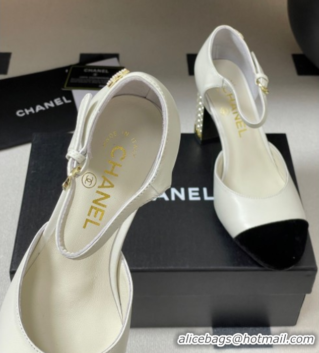 Grade Quality Chanel Lambskin & Velvet Mary Janes Pumps 8cm with Pearls White 2025 CH090104 0901062