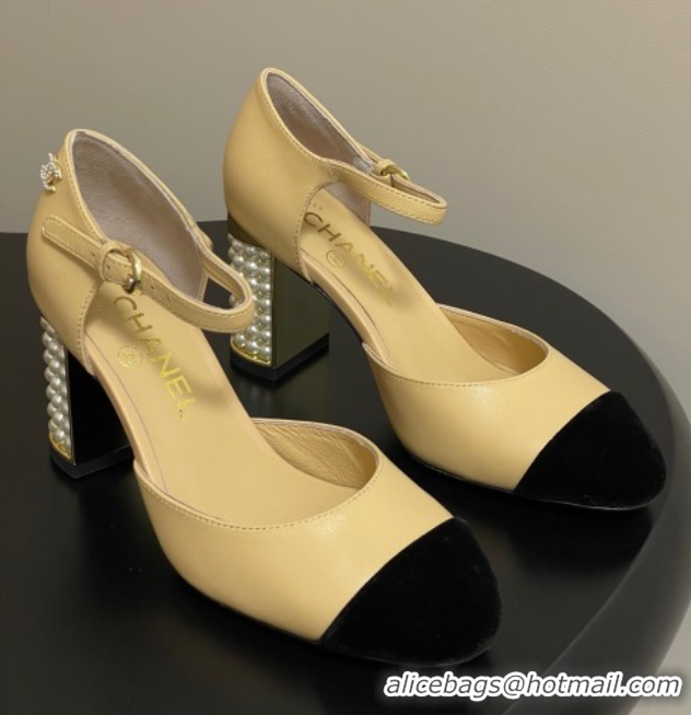 Best Price Chanel Lambskin & Velvet Mary Janes Pumps 8cm with Pearls Beige Yellow 2025 CH090104 0901063