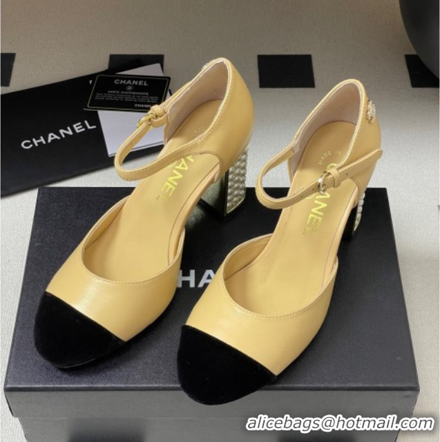 Best Price Chanel Lambskin & Velvet Mary Janes Pumps 8cm with Pearls Beige Yellow 2025 CH090104 0901063