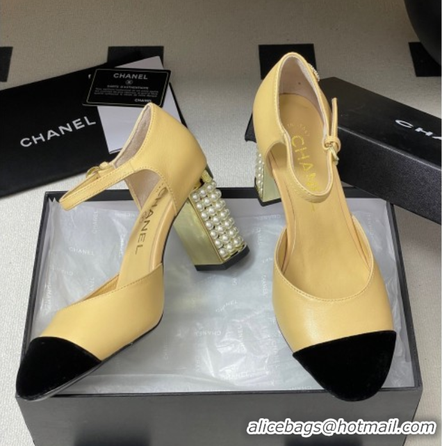 Best Price Chanel Lambskin & Velvet Mary Janes Pumps 8cm with Pearls Beige Yellow 2025 CH090104 0901063