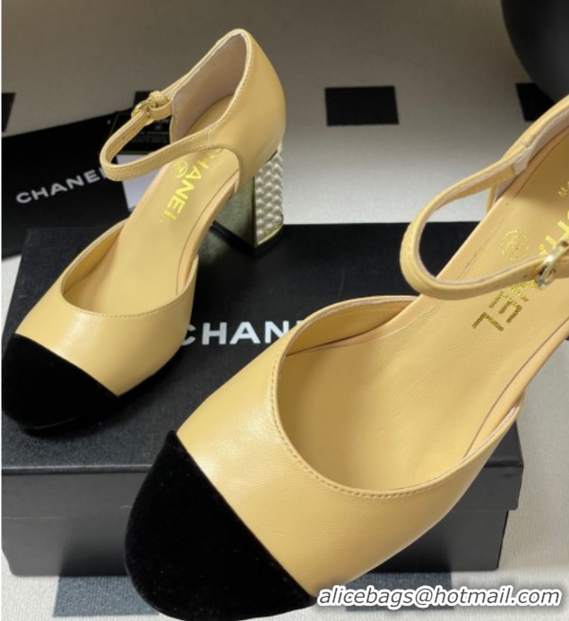 Best Price Chanel Lambskin & Velvet Mary Janes Pumps 8cm with Pearls Beige Yellow 2025 CH090104 0901063