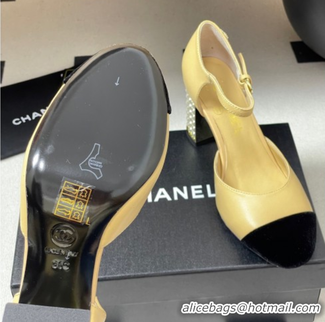 Best Price Chanel Lambskin & Velvet Mary Janes Pumps 8cm with Pearls Beige Yellow 2025 CH090104 0901063