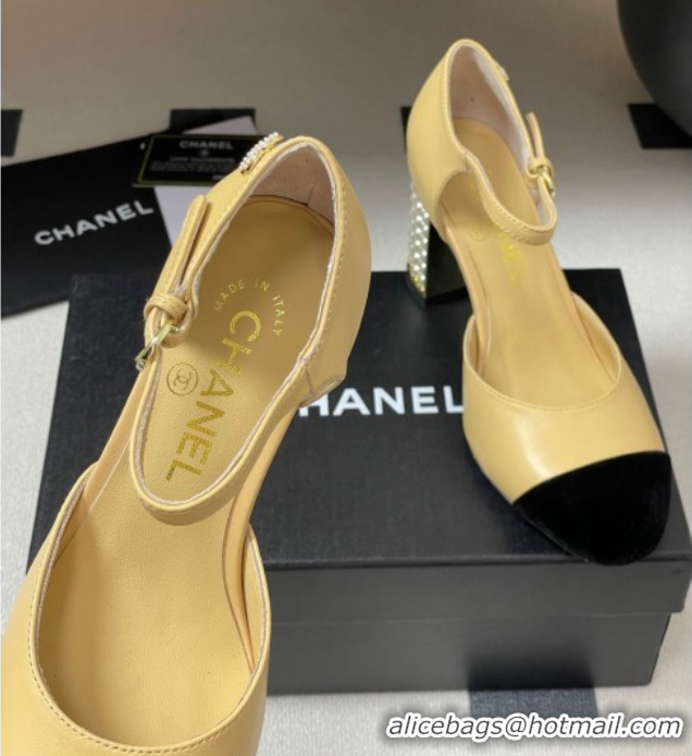 Best Price Chanel Lambskin & Velvet Mary Janes Pumps 8cm with Pearls Beige Yellow 2025 CH090104 0901063