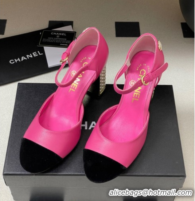 Top Design Chanel Lambskin & Velvet Mary Janes Pumps 8cm with Pearls Pink 2025 CH090104 0901064
