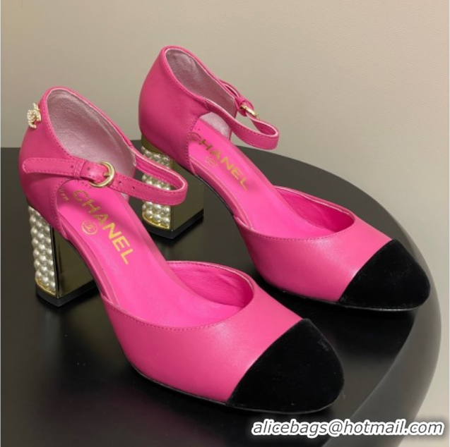 Top Design Chanel Lambskin & Velvet Mary Janes Pumps 8cm with Pearls Pink 2025 CH090104 0901064