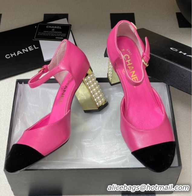 Top Design Chanel Lambskin & Velvet Mary Janes Pumps 8cm with Pearls Pink 2025 CH090104 0901064