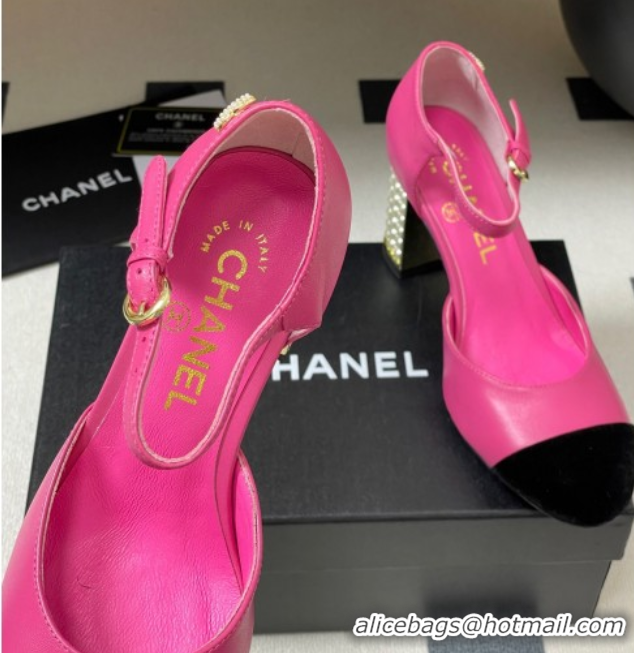 Top Design Chanel Lambskin & Velvet Mary Janes Pumps 8cm with Pearls Pink 2025 CH090104 0901064
