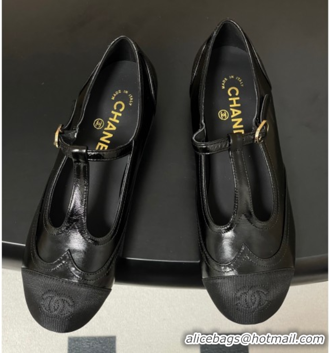 Purchase Chanel Lambskin & Grosgrain T Mary Janes Flat Shoes Black 2025 CH090105 0901065