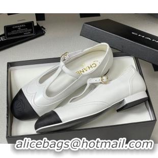 Durable Chanel Lambskin & Grosgrain T Mary Janes Flat Shoes White 2025 CH090105 0901066