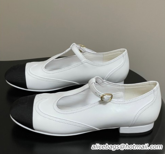 Durable Chanel Lambskin & Grosgrain T Mary Janes Flat Shoes White 2025 CH090105 0901066
