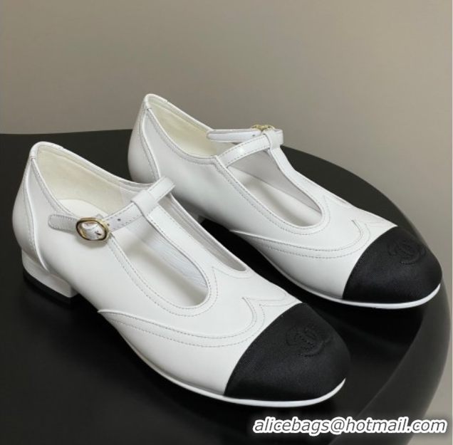 Durable Chanel Lambskin & Grosgrain T Mary Janes Flat Shoes White 2025 CH090105 0901066