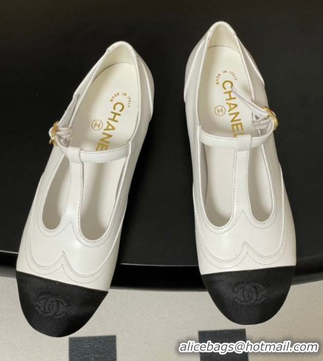Durable Chanel Lambskin & Grosgrain T Mary Janes Flat Shoes White 2025 CH090105 0901066