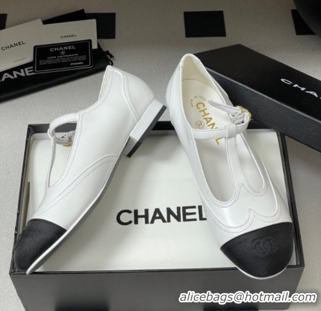 Durable Chanel Lambskin & Grosgrain T Mary Janes Flat Shoes White 2025 CH090105 0901066