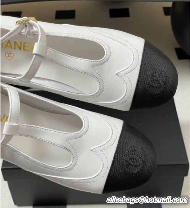 Durable Chanel Lambskin & Grosgrain T Mary Janes Flat Shoes White 2025 CH090105 0901066