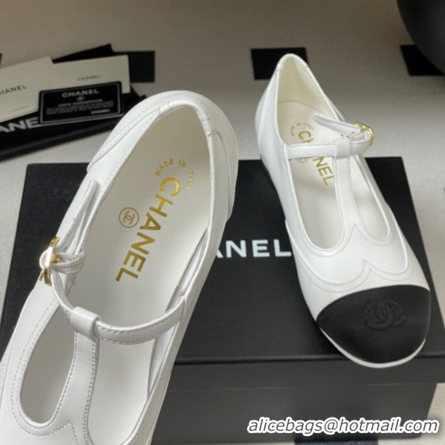 Durable Chanel Lambskin & Grosgrain T Mary Janes Flat Shoes White 2025 CH090105 0901066