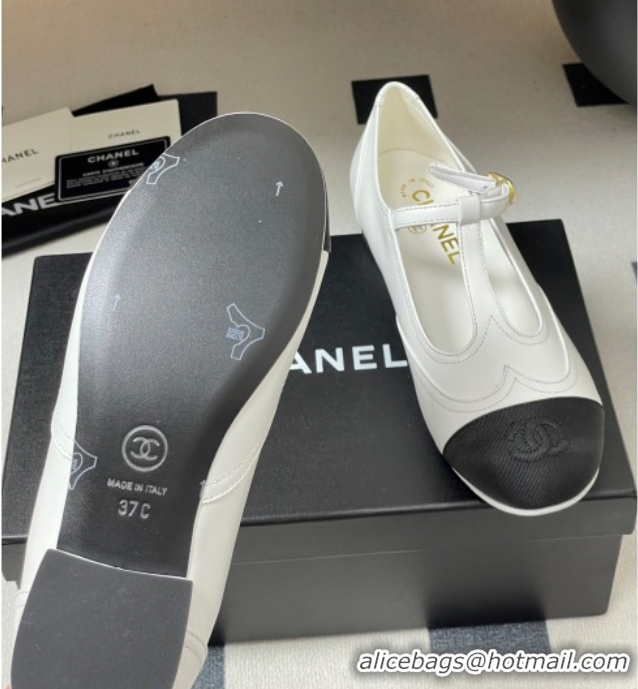 Durable Chanel Lambskin & Grosgrain T Mary Janes Flat Shoes White 2025 CH090105 0901066