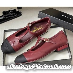Popular Style Chanel Lambskin & Grosgrain T Mary Janes Flat Shoes Burgundy 2025 CH090105 0901067