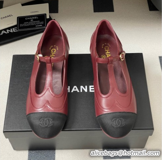 Popular Style Chanel Lambskin & Grosgrain T Mary Janes Flat Shoes Burgundy 2025 CH090105 0901067