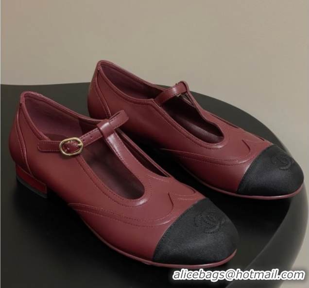 Popular Style Chanel Lambskin & Grosgrain T Mary Janes Flat Shoes Burgundy 2025 CH090105 0901067